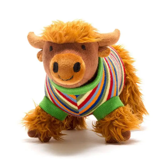 Knitted Highland Cow Plush Toy in Stripe Jumper