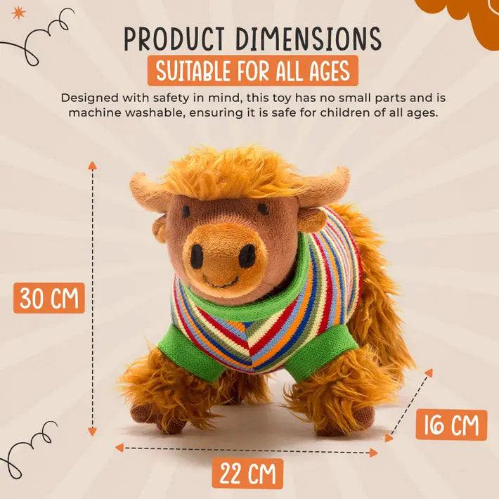 Knitted Highland Cow Plush Toy in Stripe Jumper