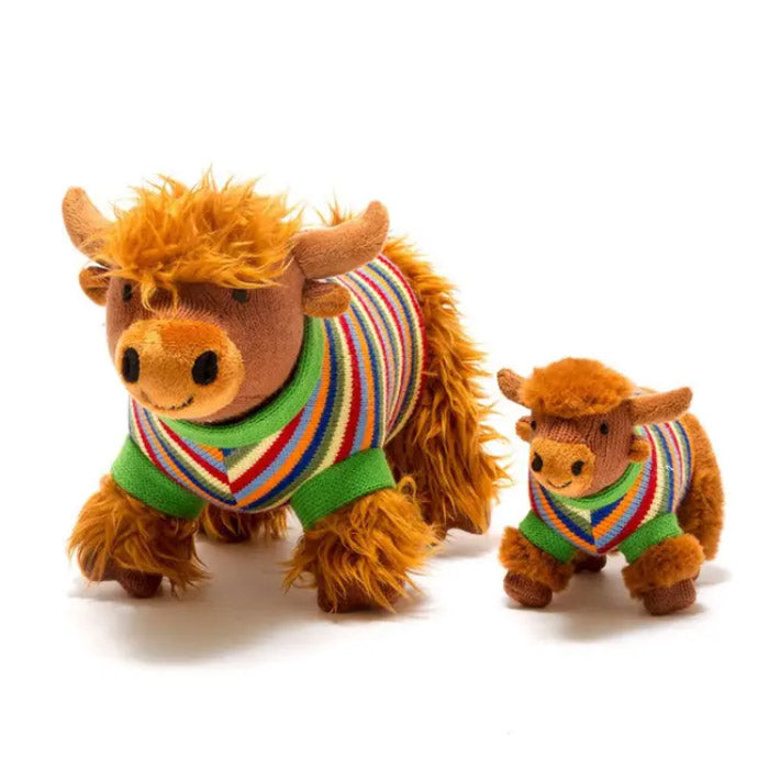 Knitted Highland Cow Plush Toy in Stripe Jumper