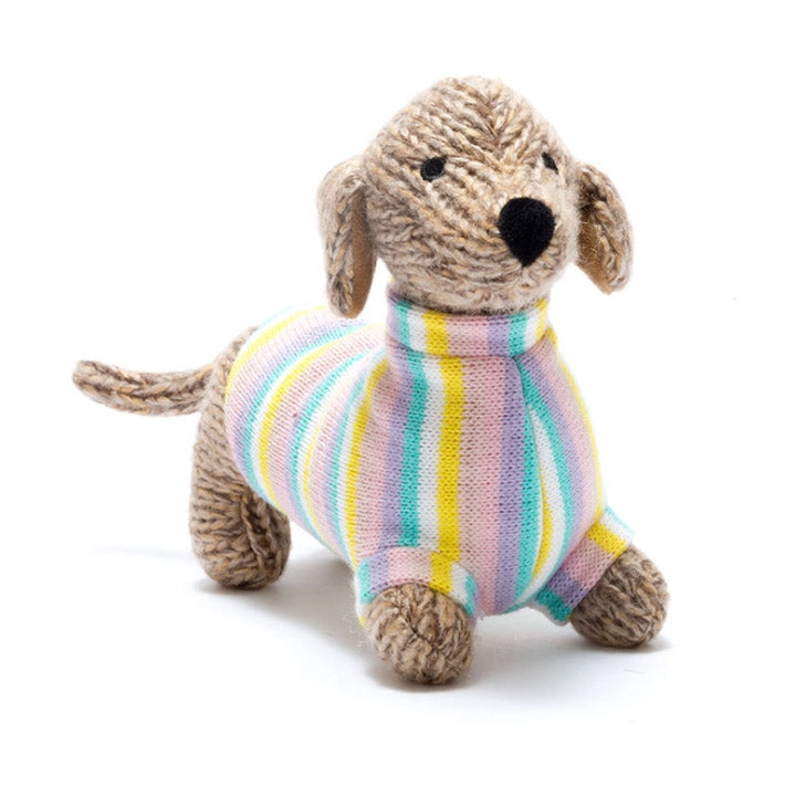 Knitted Sausage Dog Plush Toy with Pastel Jumper