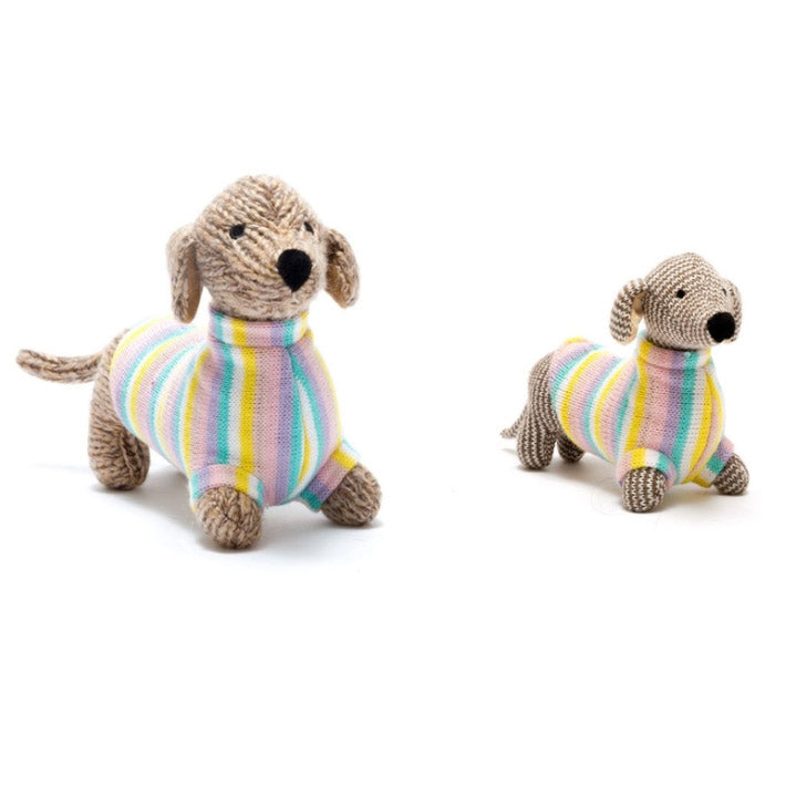 Knitted Sausage Dog Plush Toy with Pastel Jumper