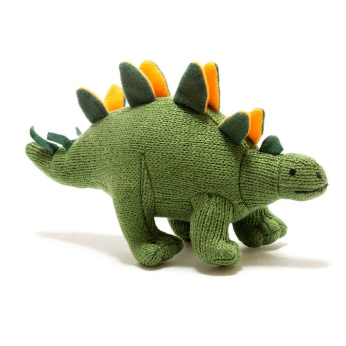 Knitted Stegosaurus Dinosaur Baby Rattle Green / Orange