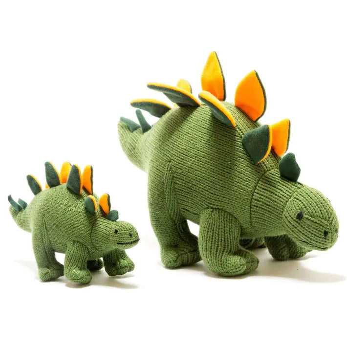 Knitted Stegosaurus Dinosaur Baby Rattle Green / Orange