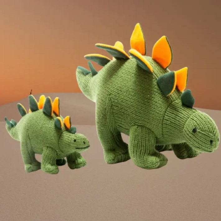 Knitted Stegosaurus Dinosaur Baby Rattle Green / Orange