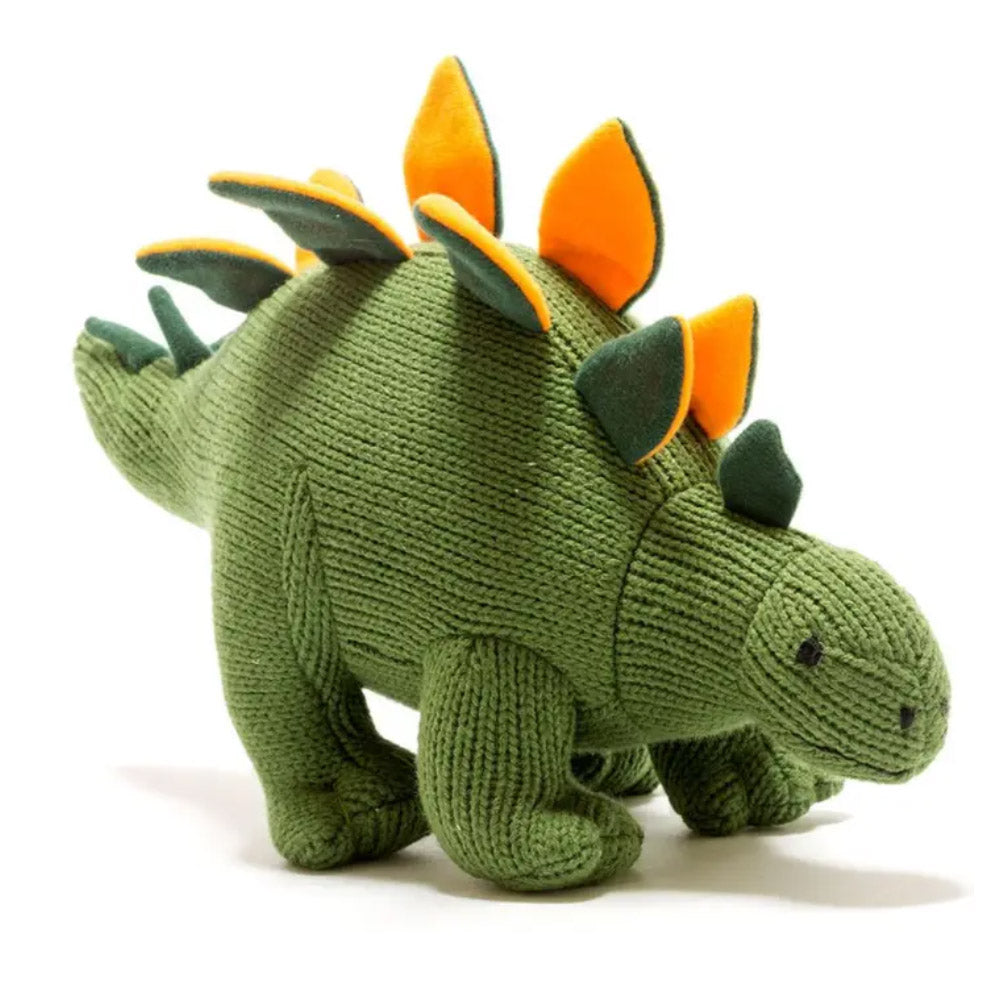 Knitted Stegosaurus Dinosaur Plush Toy Moss Green and Orange