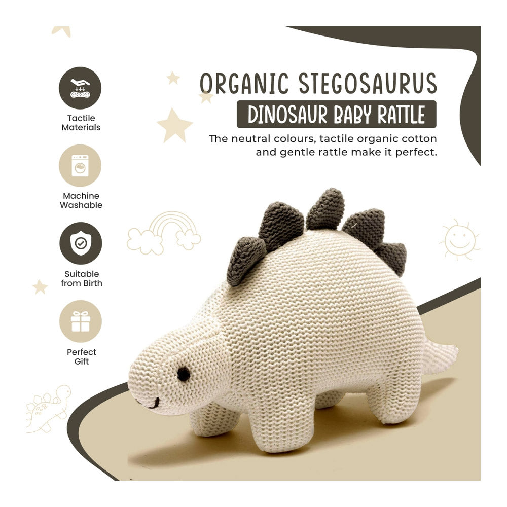 Organic White Cotton Knit Stegosaurus Dinosaur Rattle