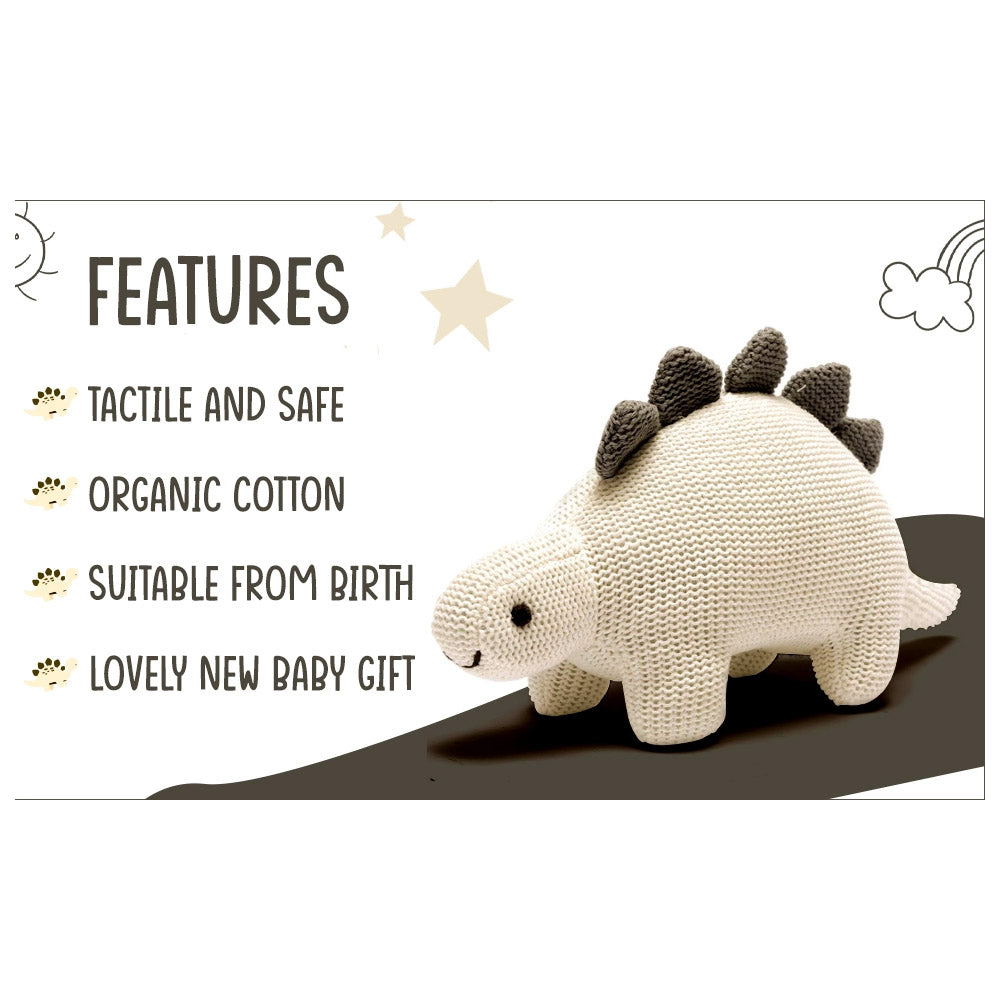 Organic White Cotton Knit Stegosaurus Dinosaur Rattle