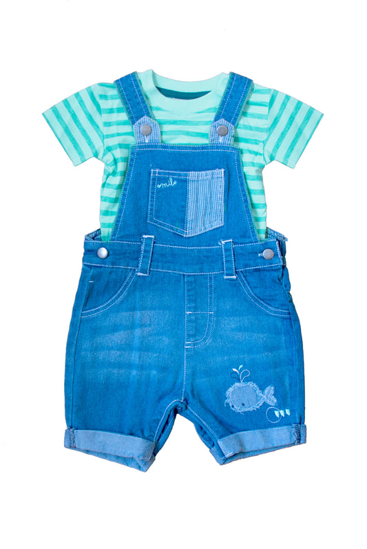 Aqua Top and Denim Whale Dungaree Set