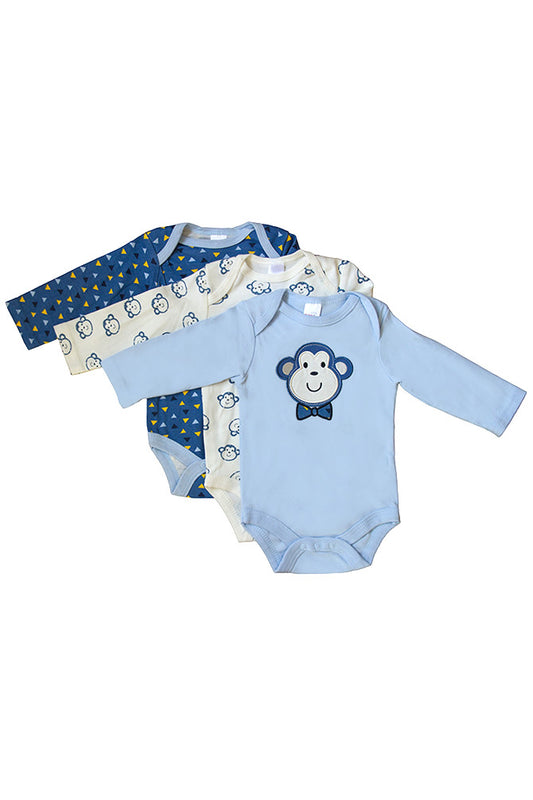 Long Sleeved Blue Monkey Assorted Set of 3 Bodysuits