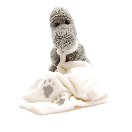 Knitted Grey Diplodocus Dinosaur With Comfort Blanket