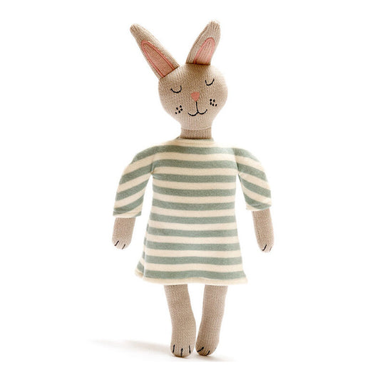 Knitted Organic Cotton Teal Bunny Doll in Stripe Dress